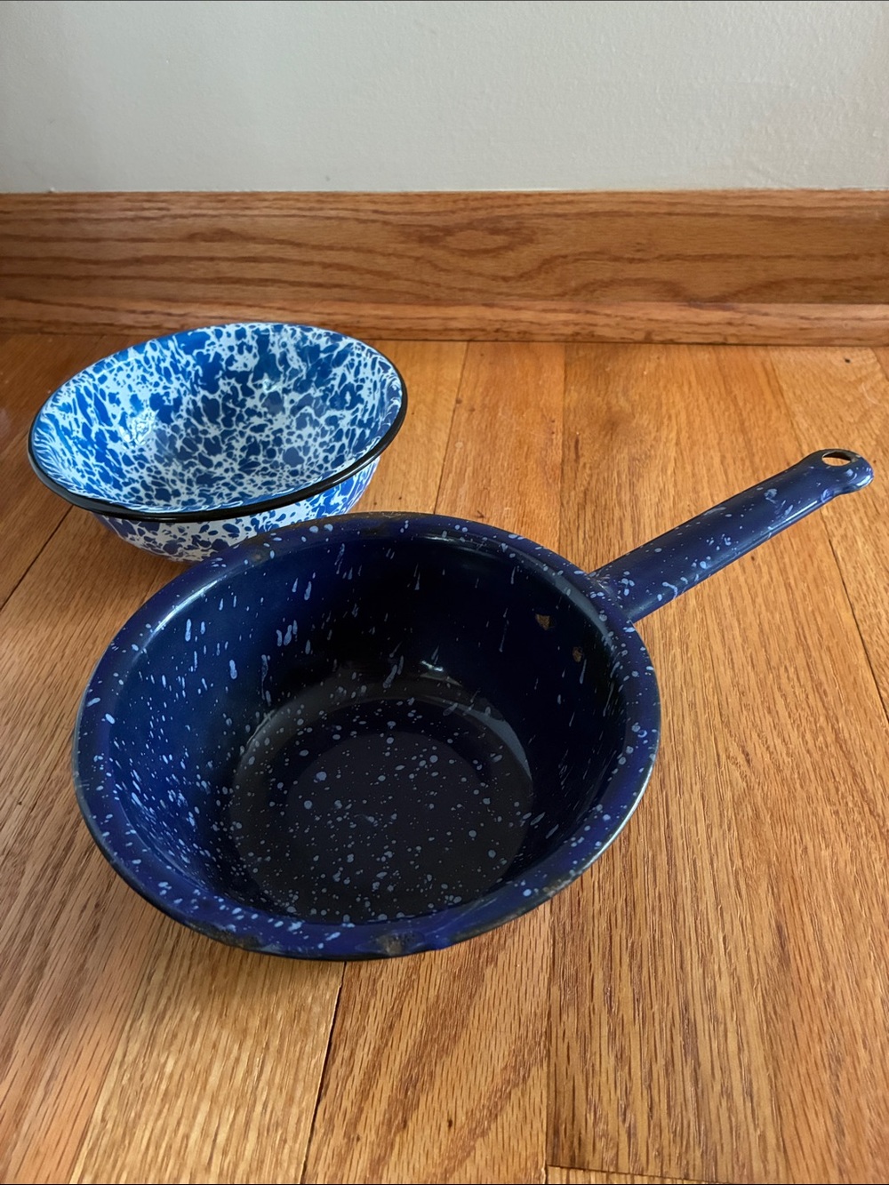 Vintage Blue Speckled Enamel Bowls - Home Kitchen Cabin Cottage Decor Set of 2